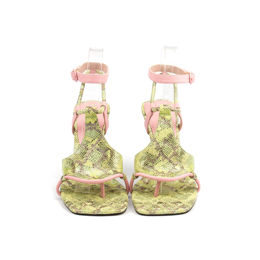 Snake embossed strappy heels in citrus and pink colorway