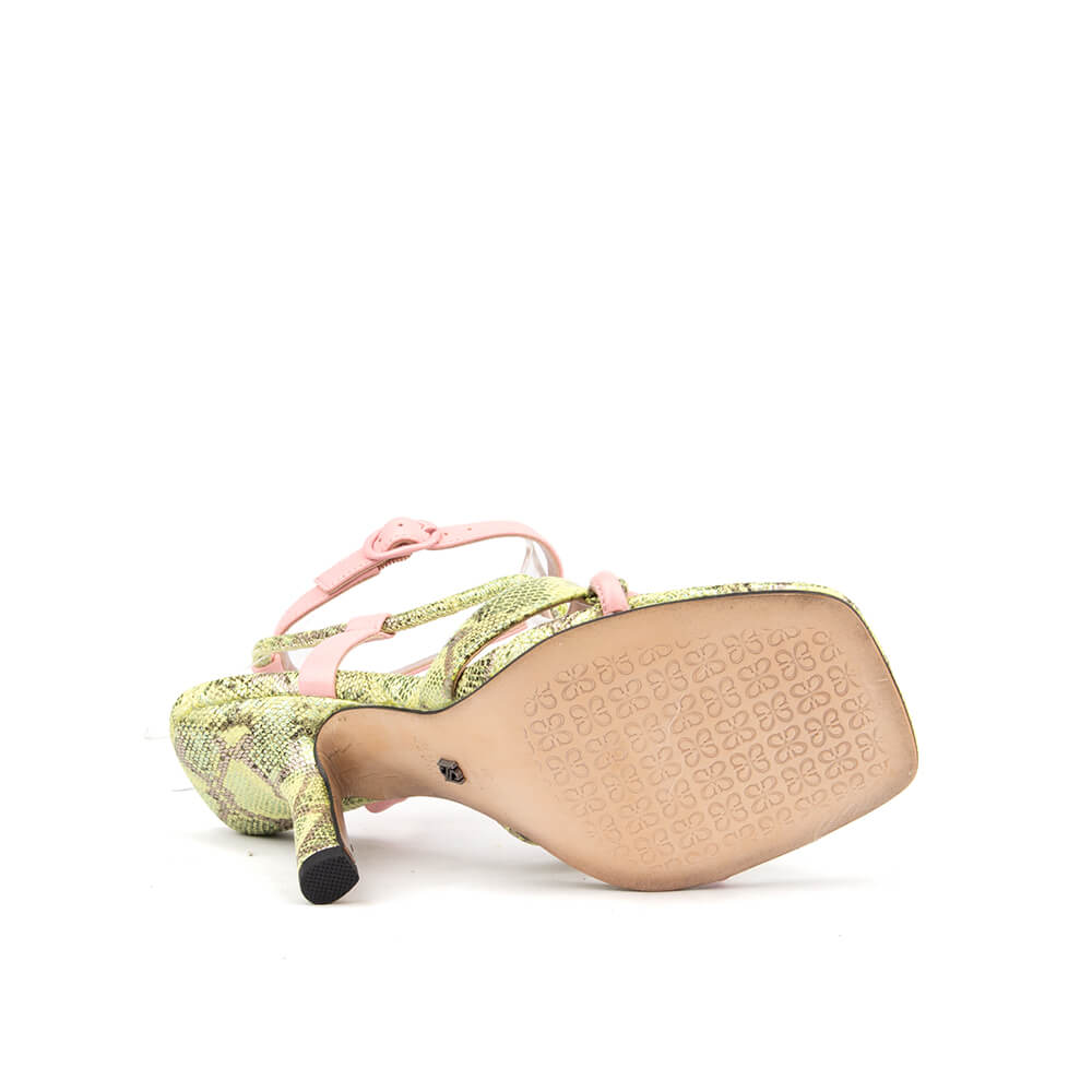 Color block snake print sandals yellow green and blush pink