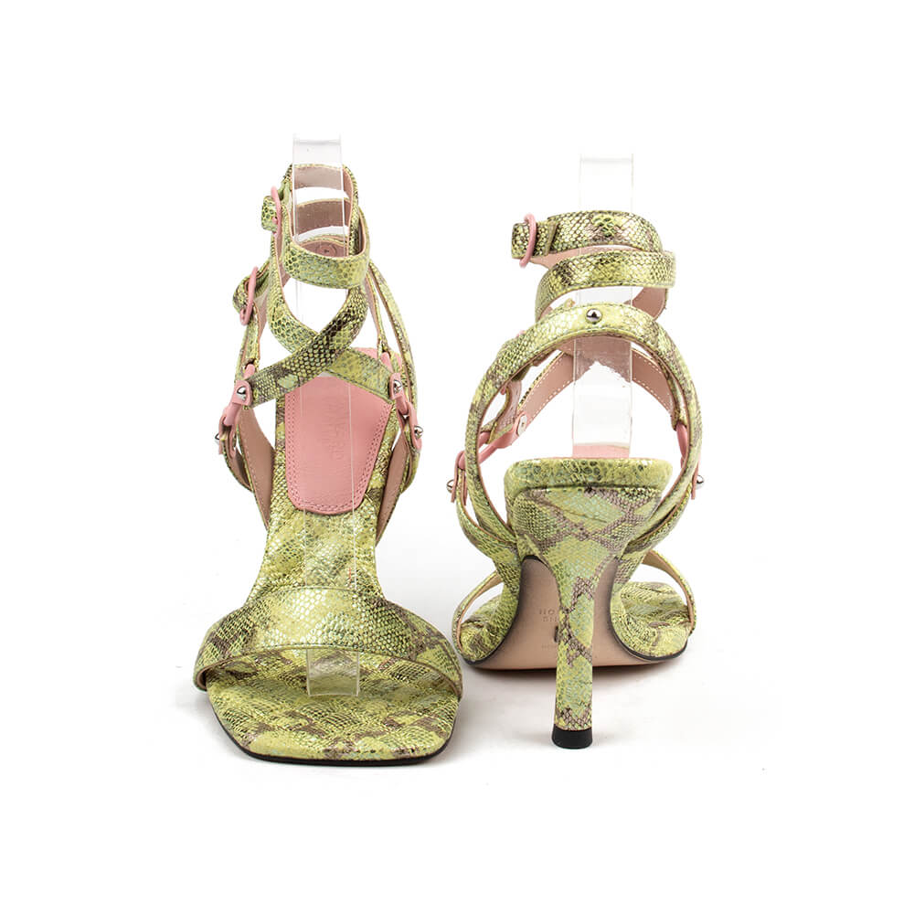 Jungle glam snake texture high heel sandals with silver studs