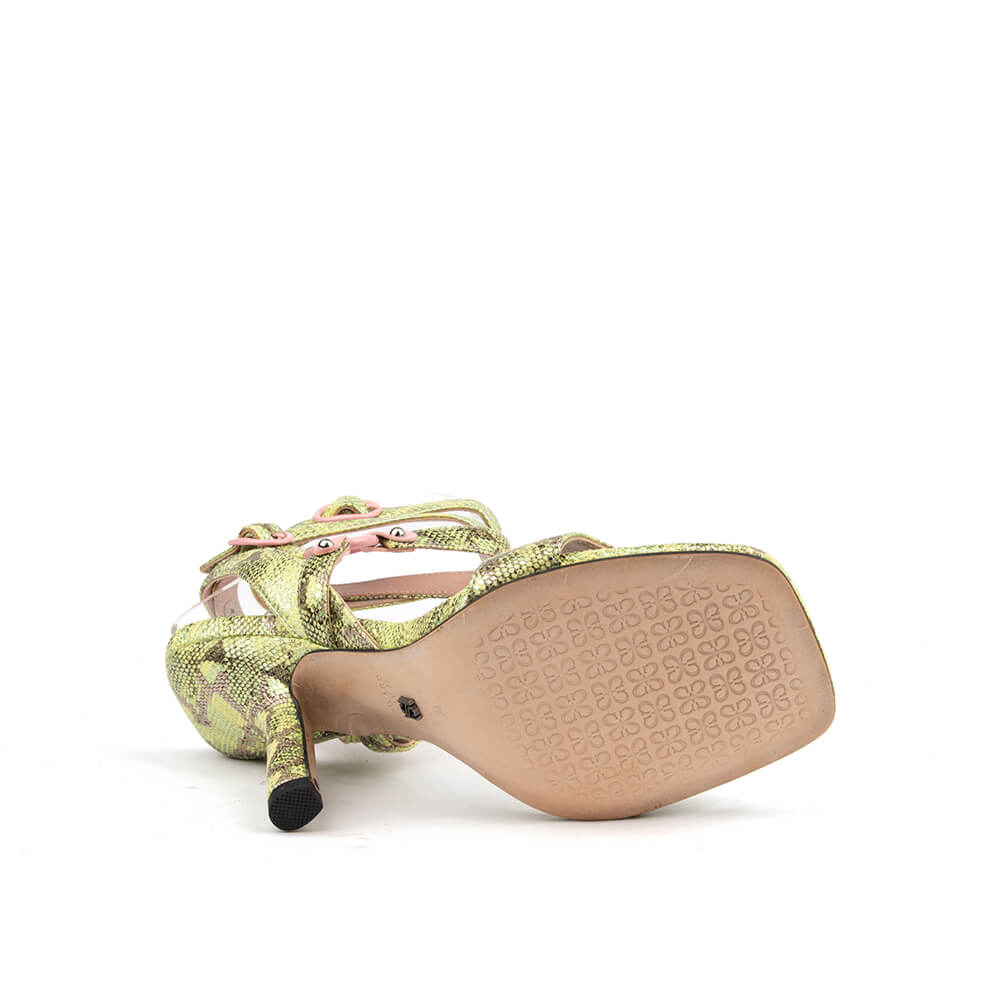 Open toe stiletto sandals green python print pink ankle strap