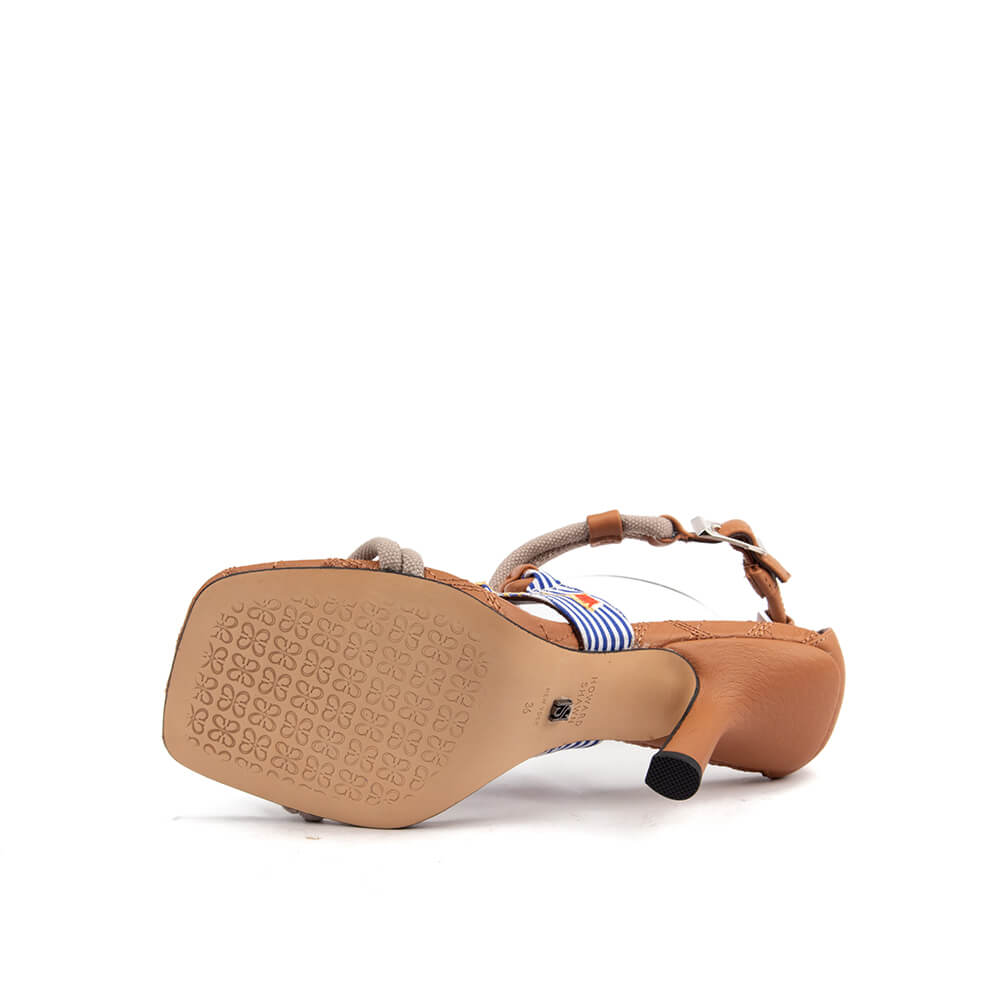 Brown leather strappy sandals rope knot quilted footbed heels