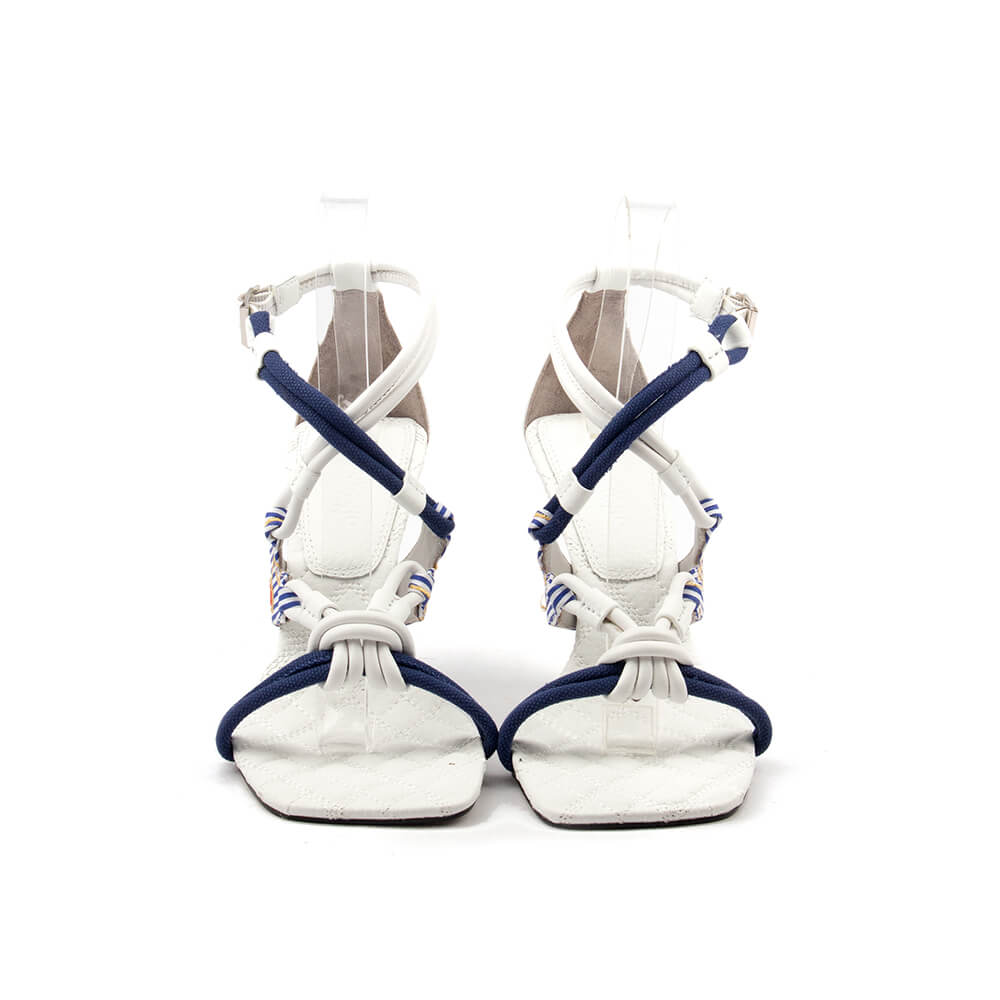Knotted multi-strap stiletto sandals white navy ankle buckle