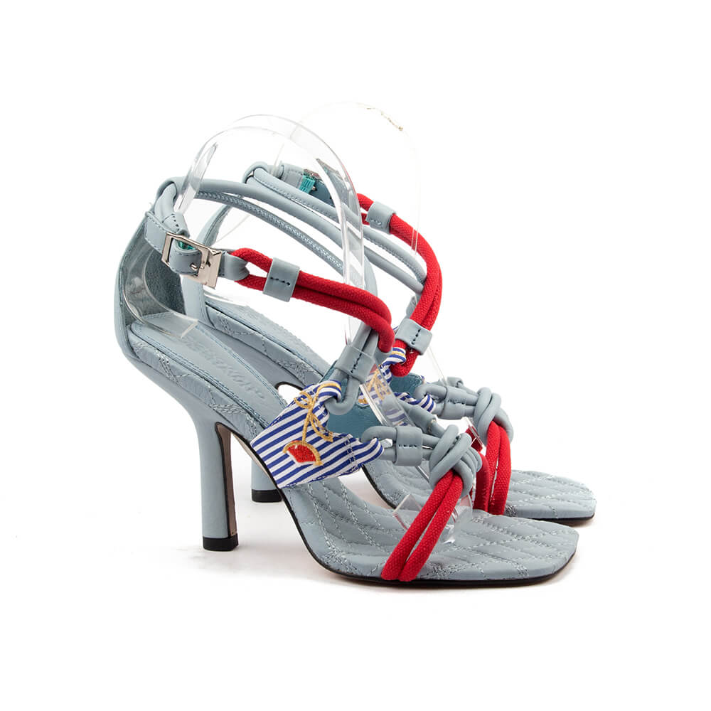 Nautical striped ribbon embroidered stiletto sandals blue red