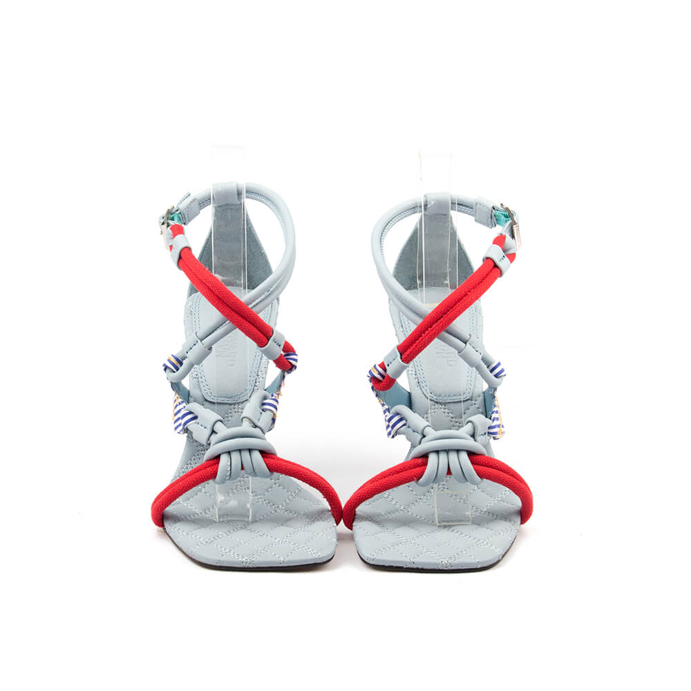 Mist blue leather strappy heels with red rope knot detail