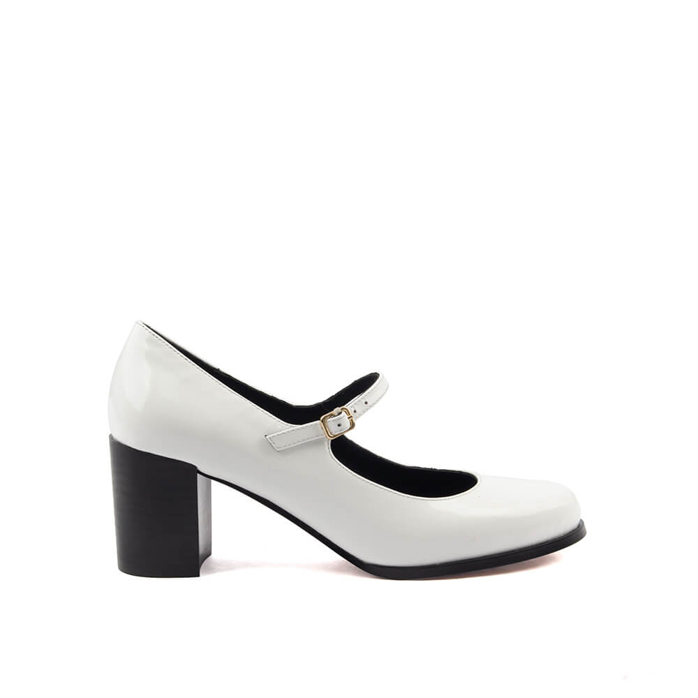 Women's white patent Mary Jane block heel shoes double strap buckle