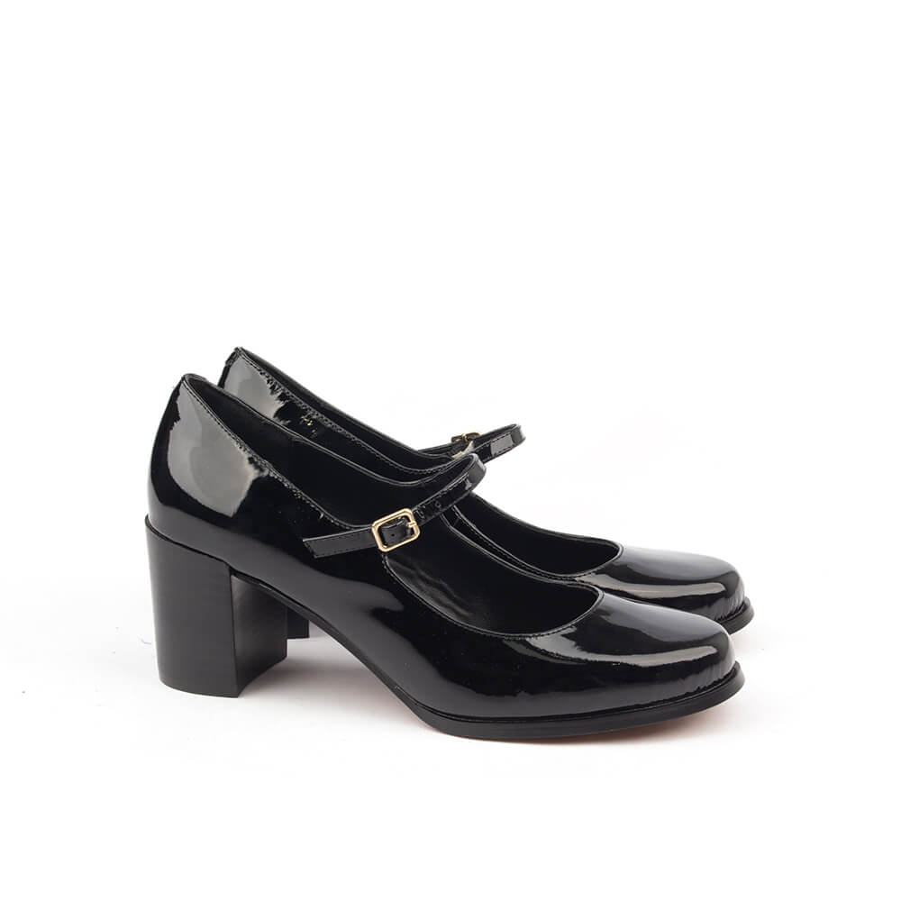 Black patent leather double strap Mary Jane mid block heel women
