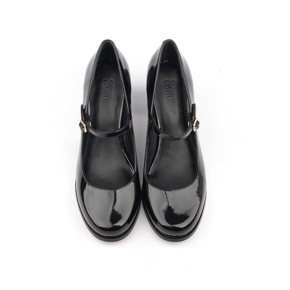 Classic black patent Mary Jane block heel pumps gold buckle women