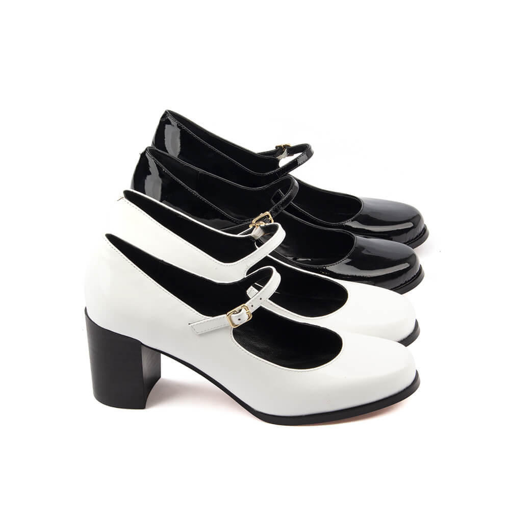 Black patent double bar Mary Jane shoes mid block heel women