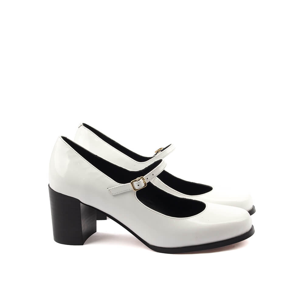 White patent leather double strap Mary Jane mid block heel women