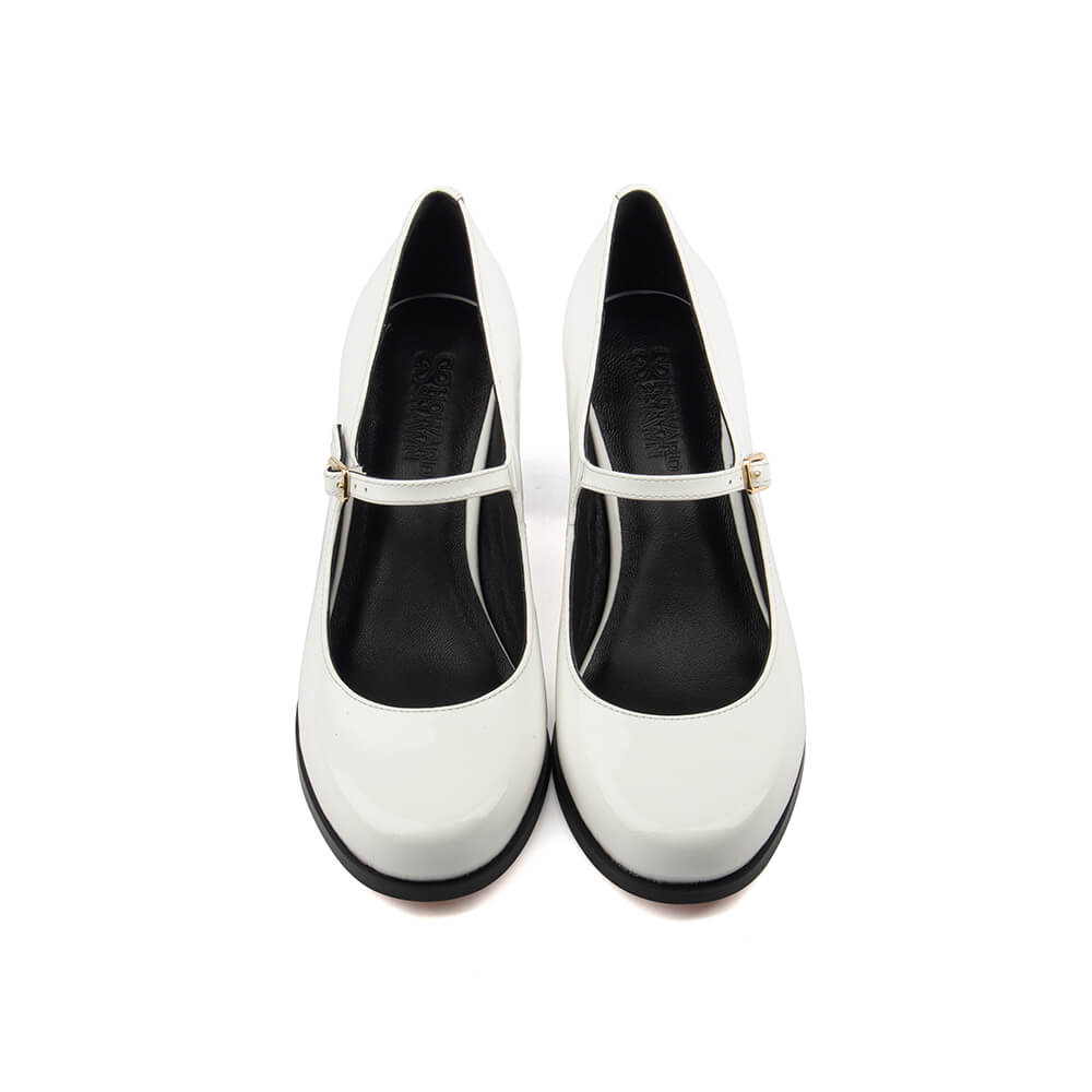 Crisp white patent Mary Jane block heel pumps gold buckle women