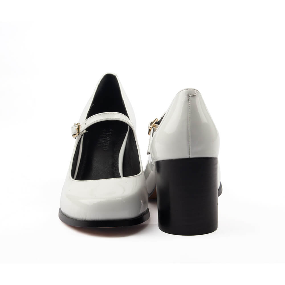 Women's Mary Jane heels white patent leather double strap gold buckle