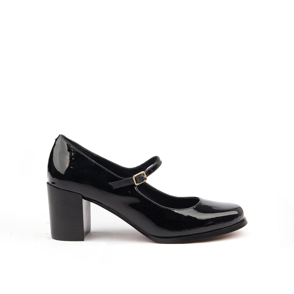 Women's black patent Mary Jane block heel shoes double strap buckle
