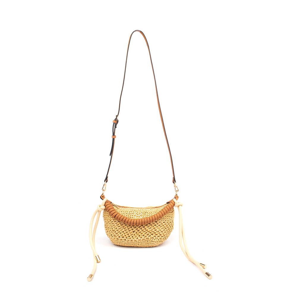 Natural straw open-weave mini shoulder bag with knotted rope strap