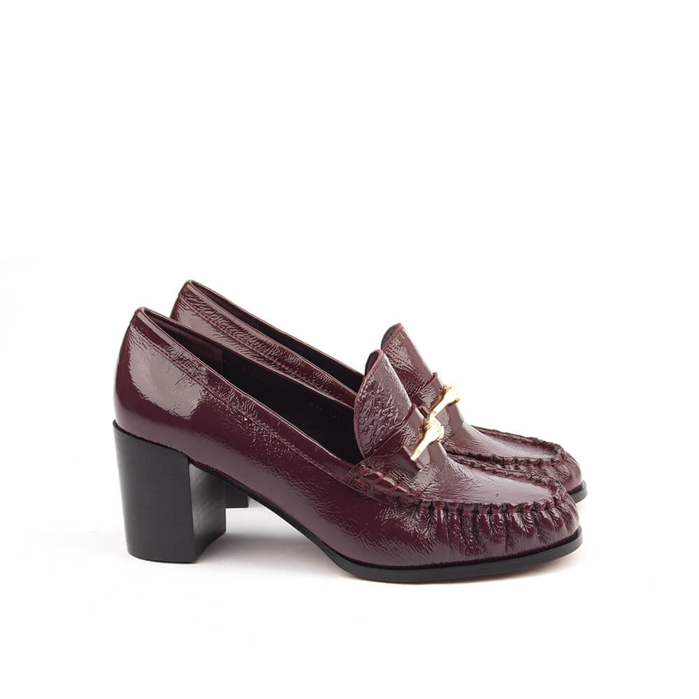 Wine burgundy patent leather block heel loafer gold bar moccasin women