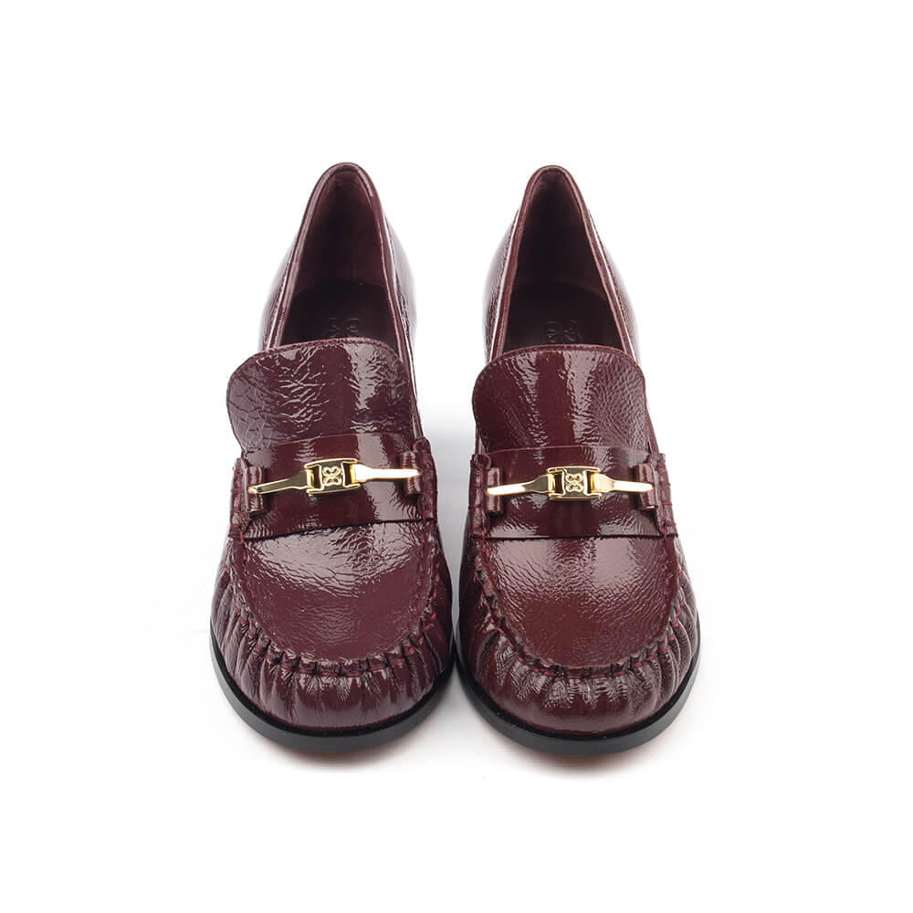 Bordeaux crinkled patent loafer pumps gold bar detail mid block heel