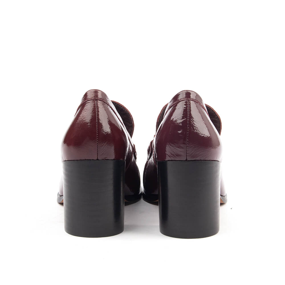 Women's patent leather loafer heels bordeaux wine gold bar hardware