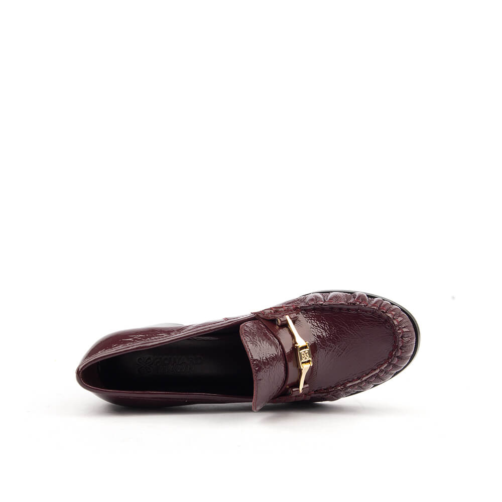Burgundy high gloss patent loafer block heel gold bar women