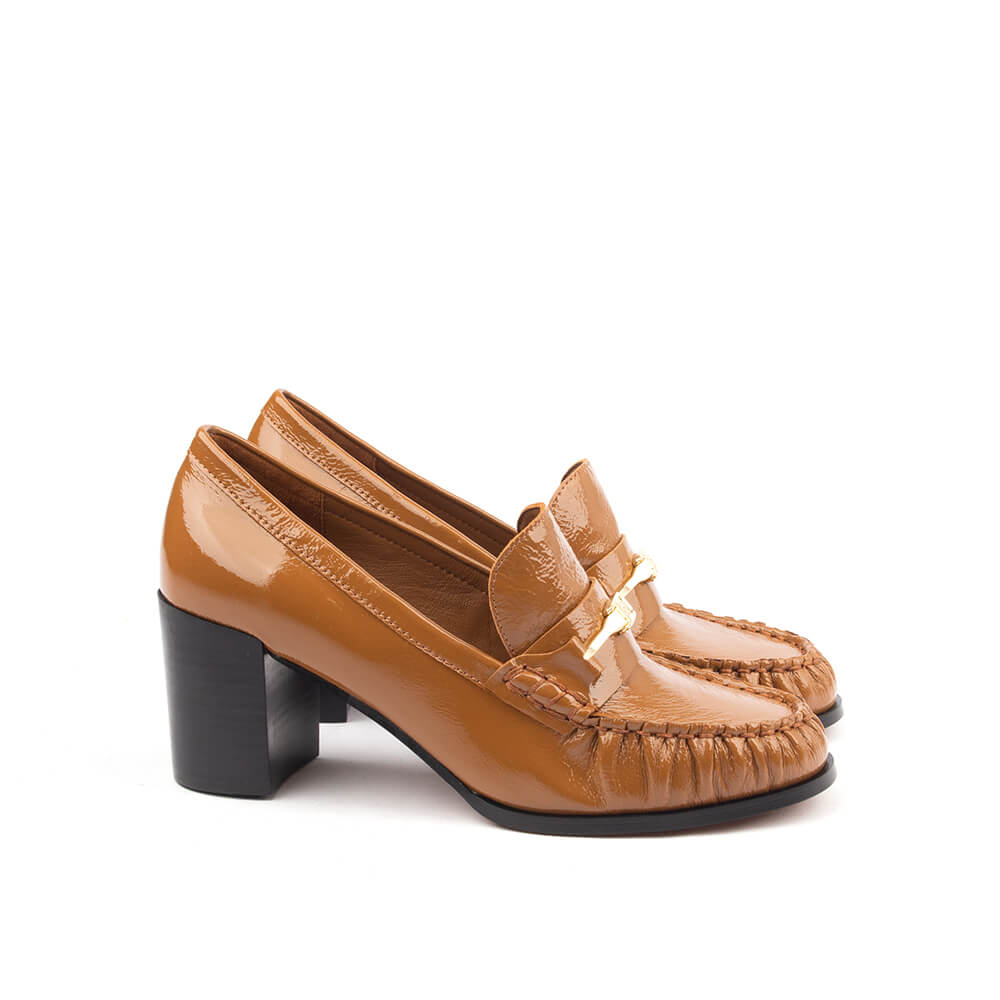 Caramel patent leather block heel loafer gold bar moccasin stitch women