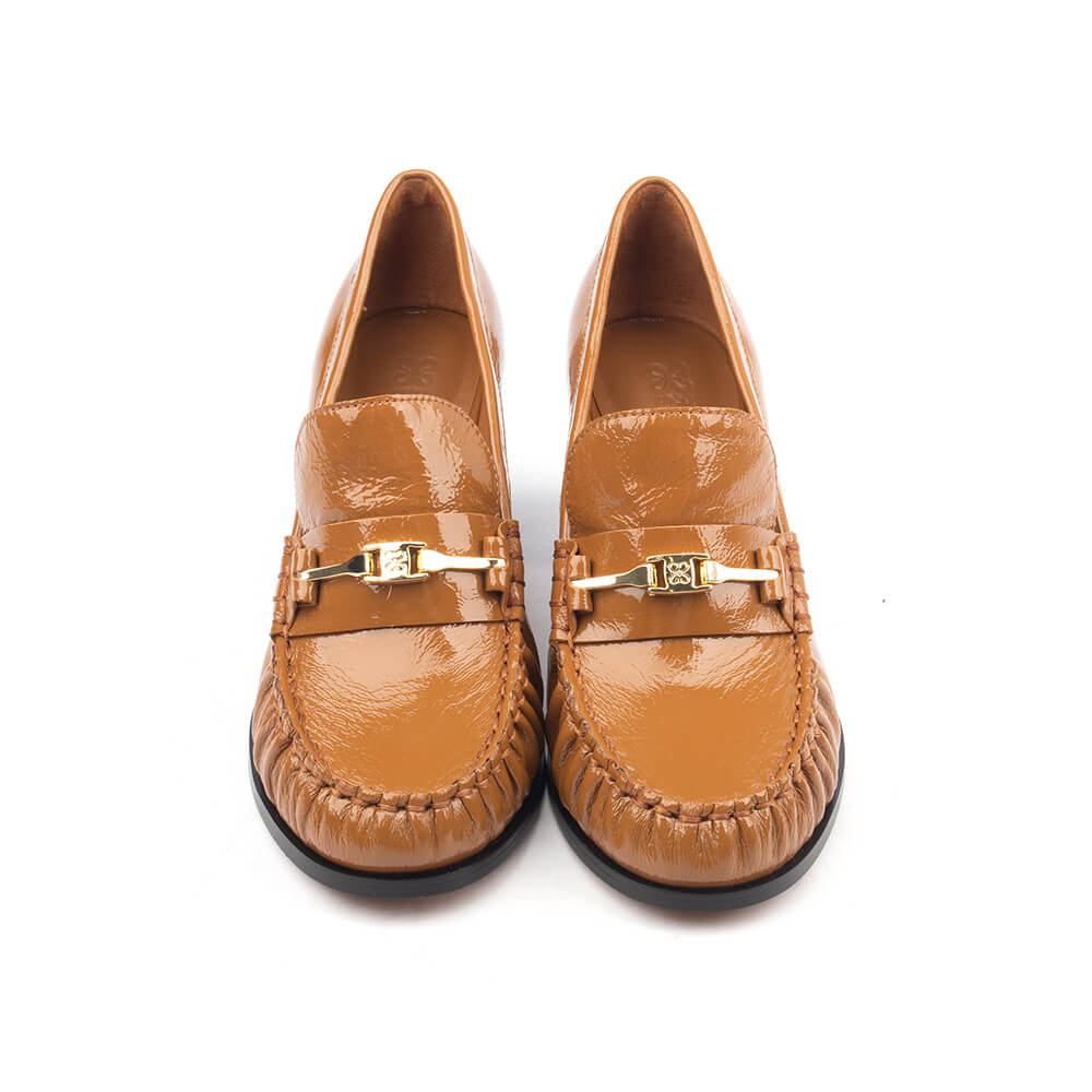 Tan crinkled patent loafer pumps gold bar detail mid block heel women