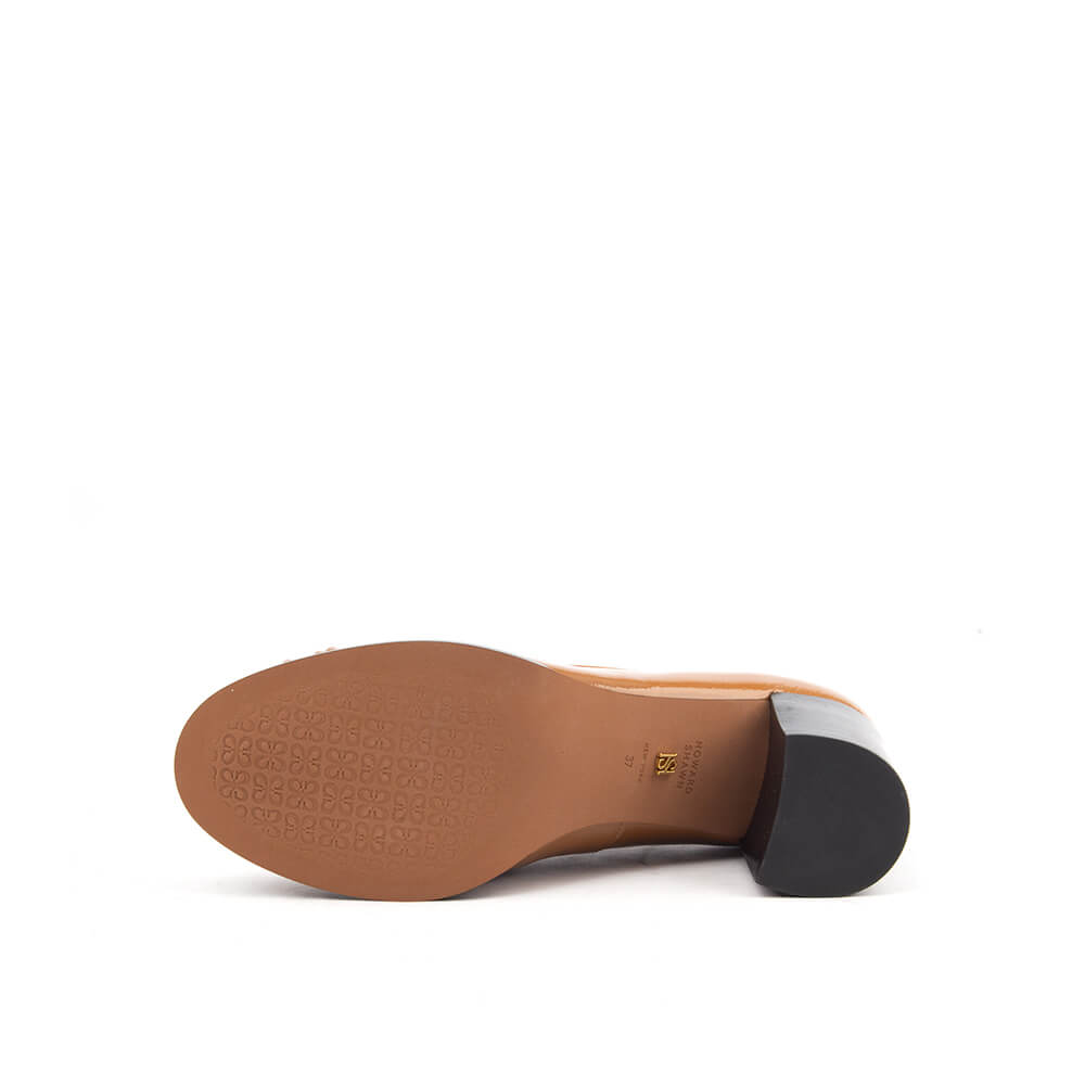 Caramel high gloss patent loafer block heel gold bar women