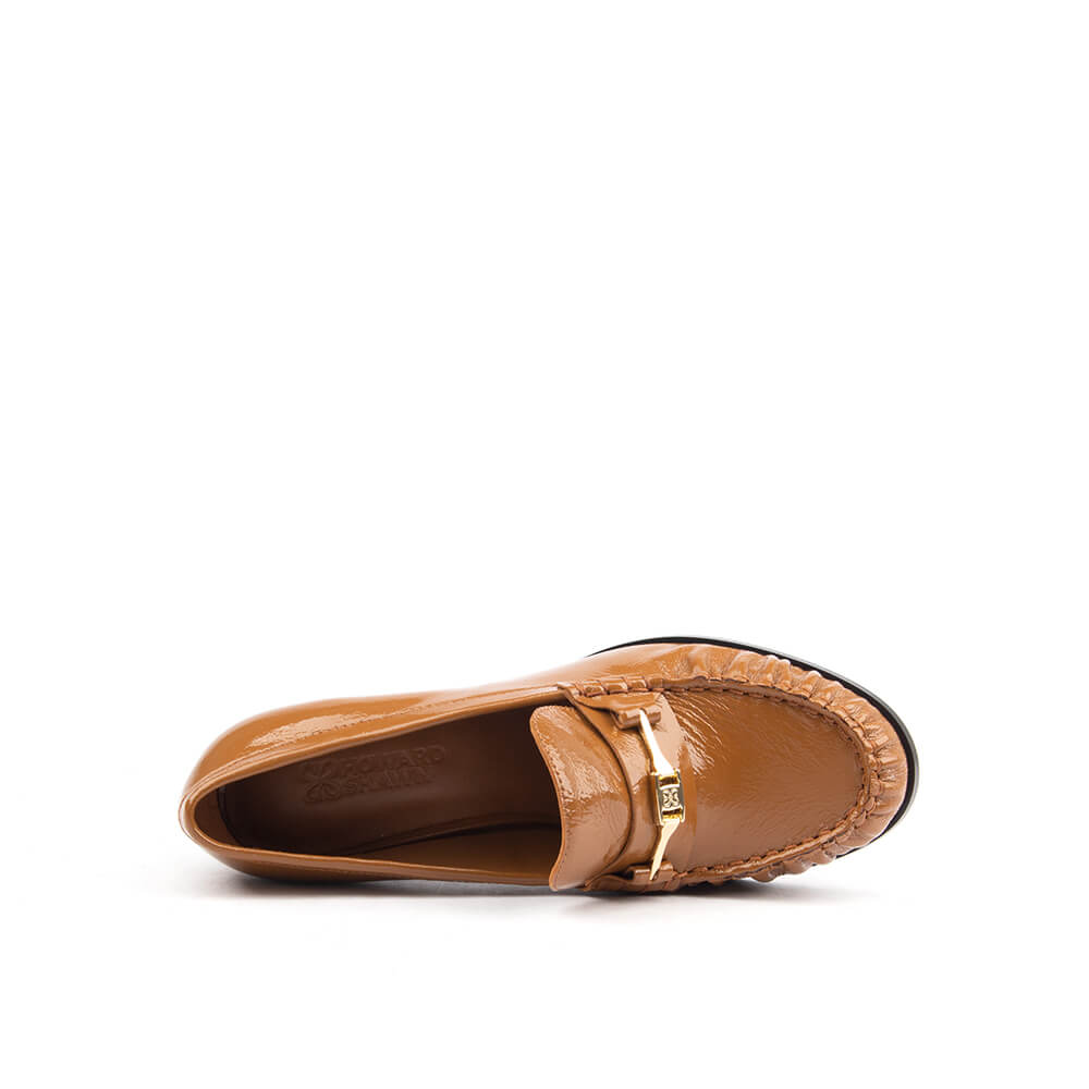 Women's block heel loafer pumps tan patent gold bar moccasin stitch
