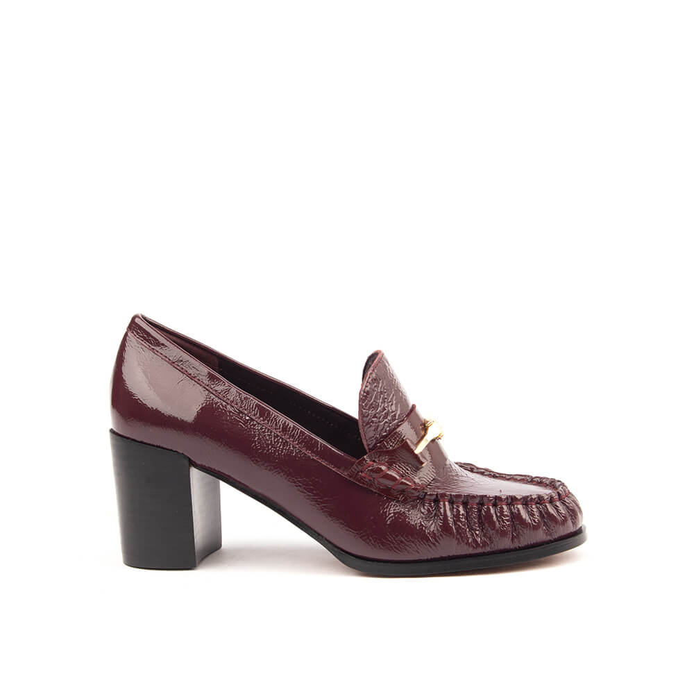 Women's bordeaux patent block heel loafer pumps gold bar hardware