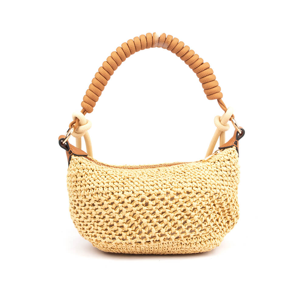 Woven straw crochet mini hobo bag with coiled rope handle in natural beige