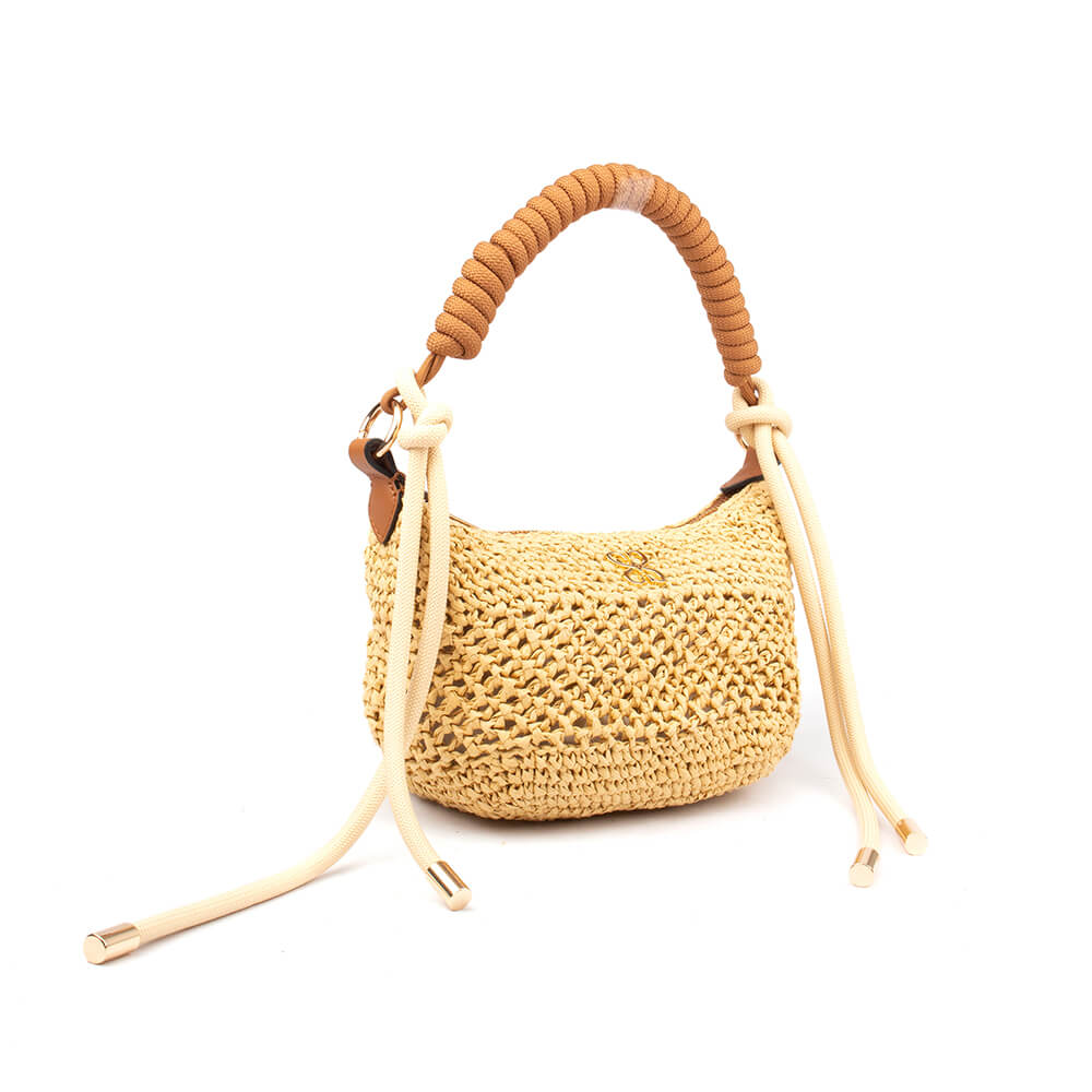 Women's summer raffia crochet bag with chunky rope top handle