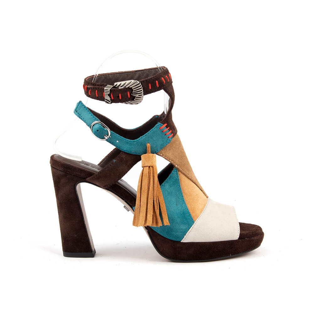 Women's boho suede patchwork block heel sandals terra mosaic