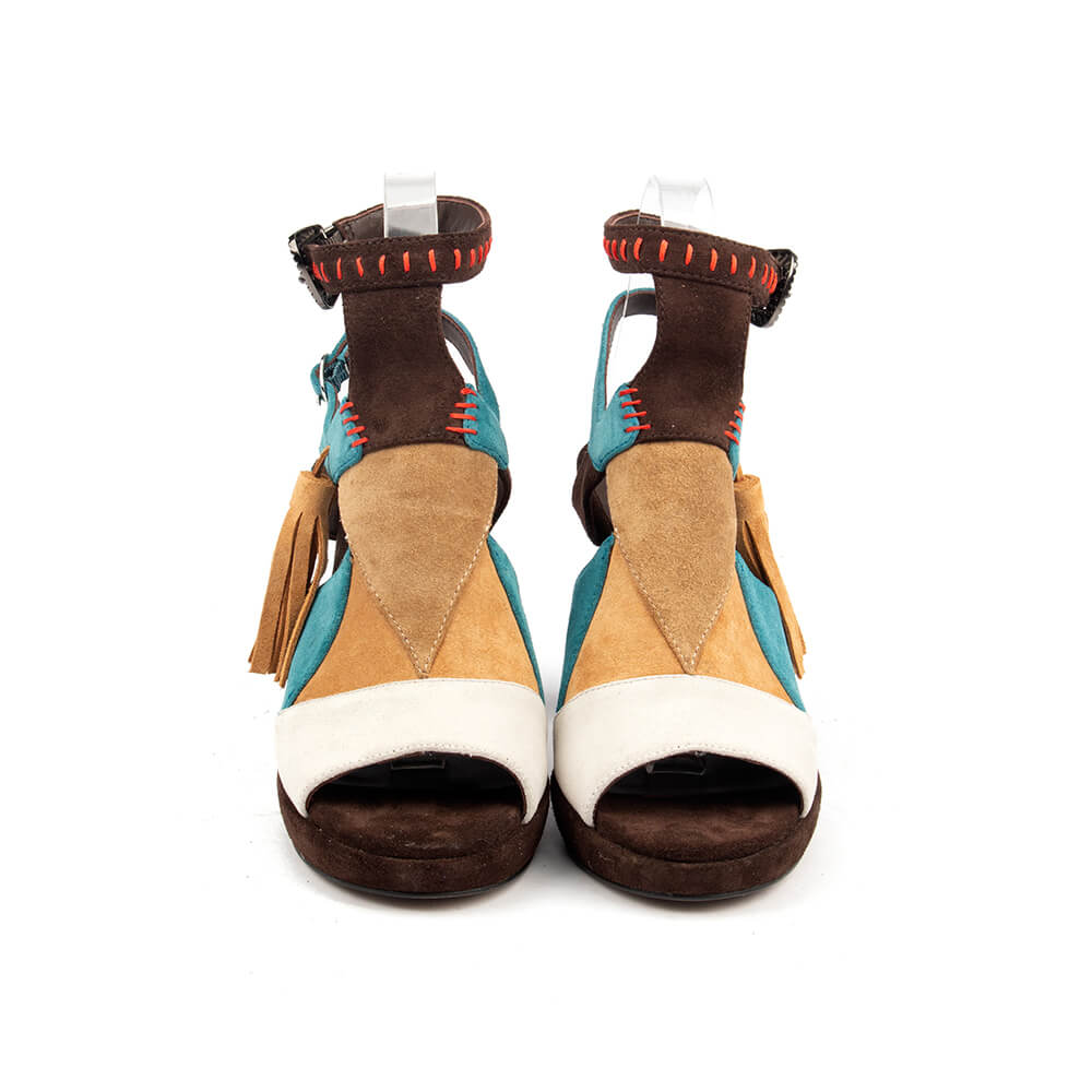 Bohemian patchwork high heel sandals with tassel and whipstitch