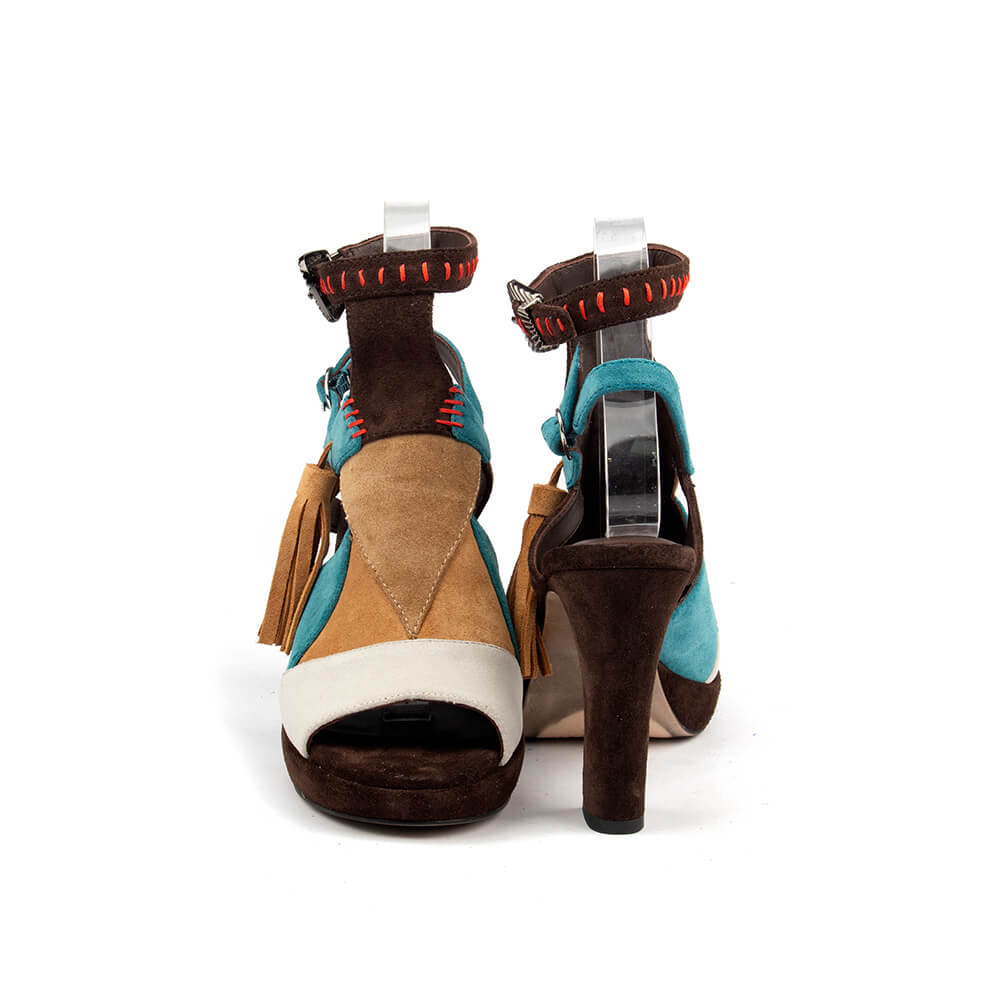 Suede color block heels with red whipstitch trim and concho buckle