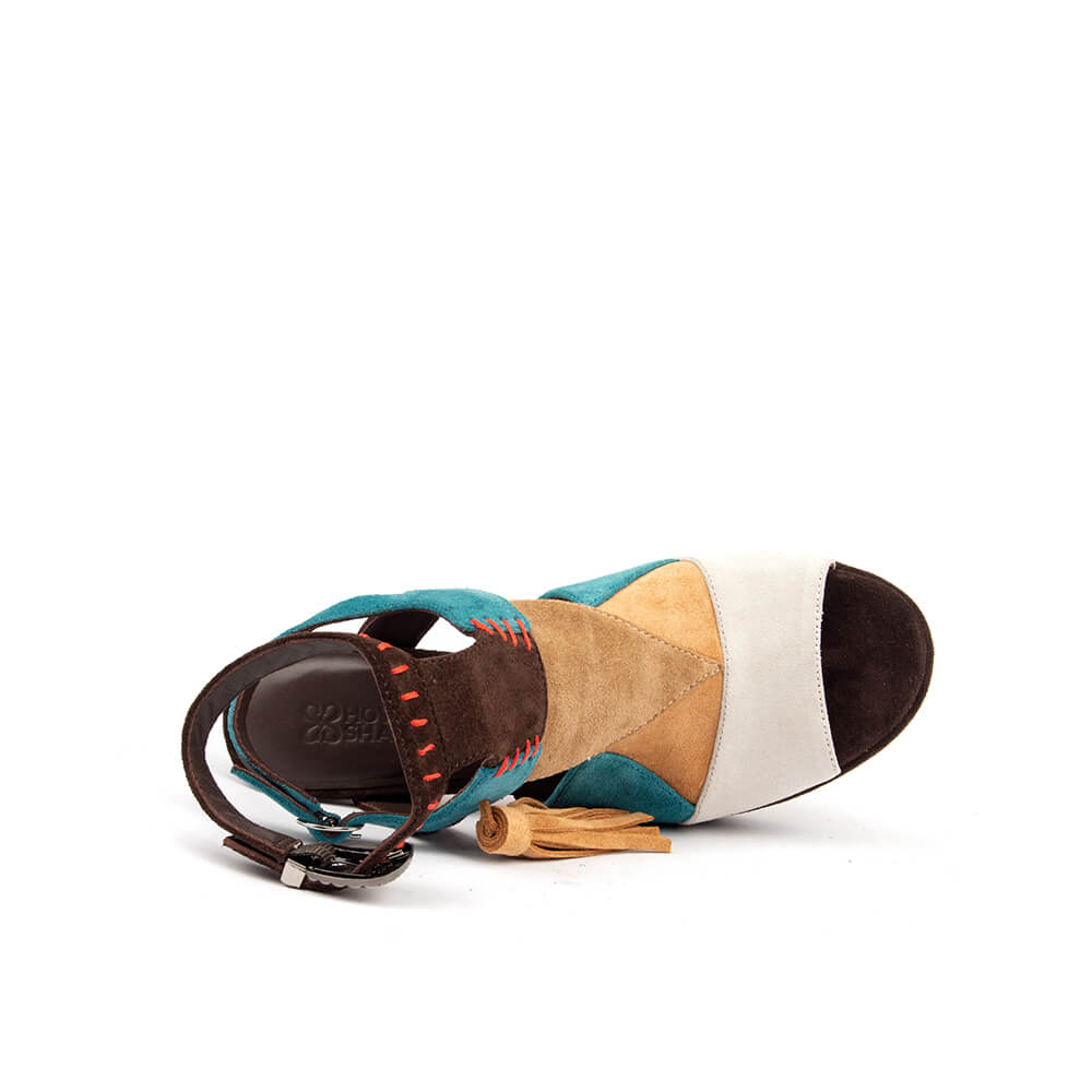 Southwestern style suede tassel sandals with chunky block heel