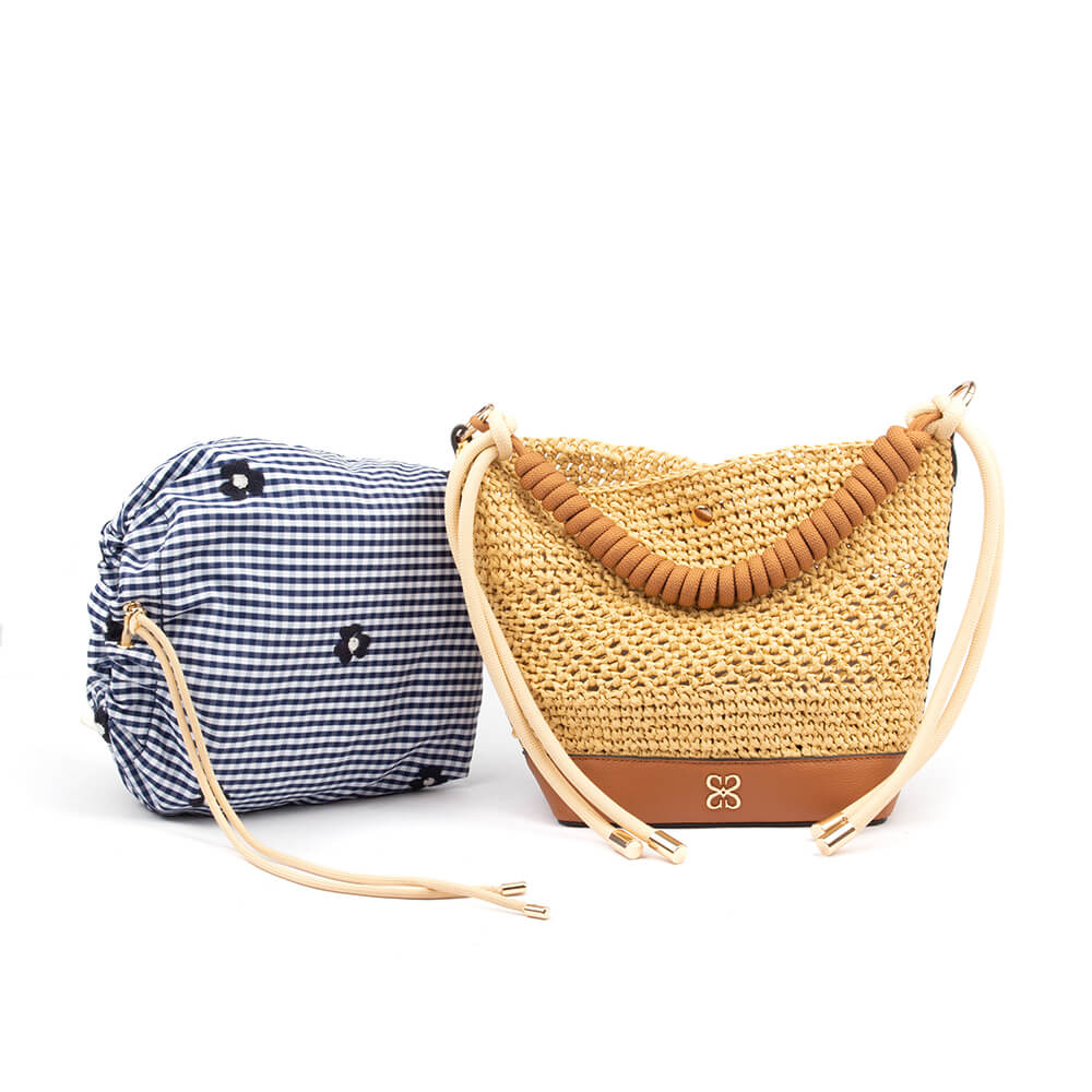 Women's raffia crochet bucket bag with gingham lining and logo emblem