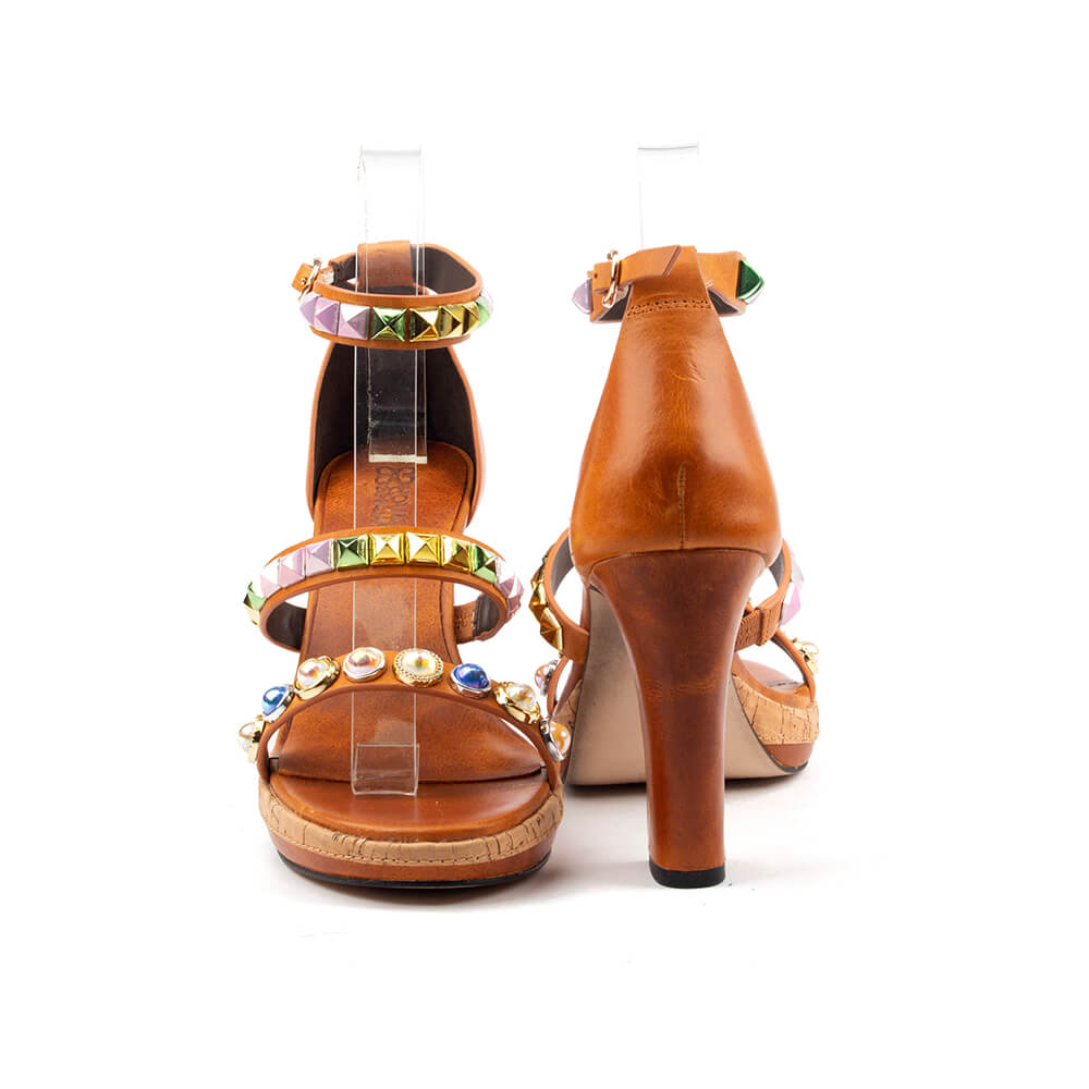 Embellished platform sandals cognac leather cork base block heel