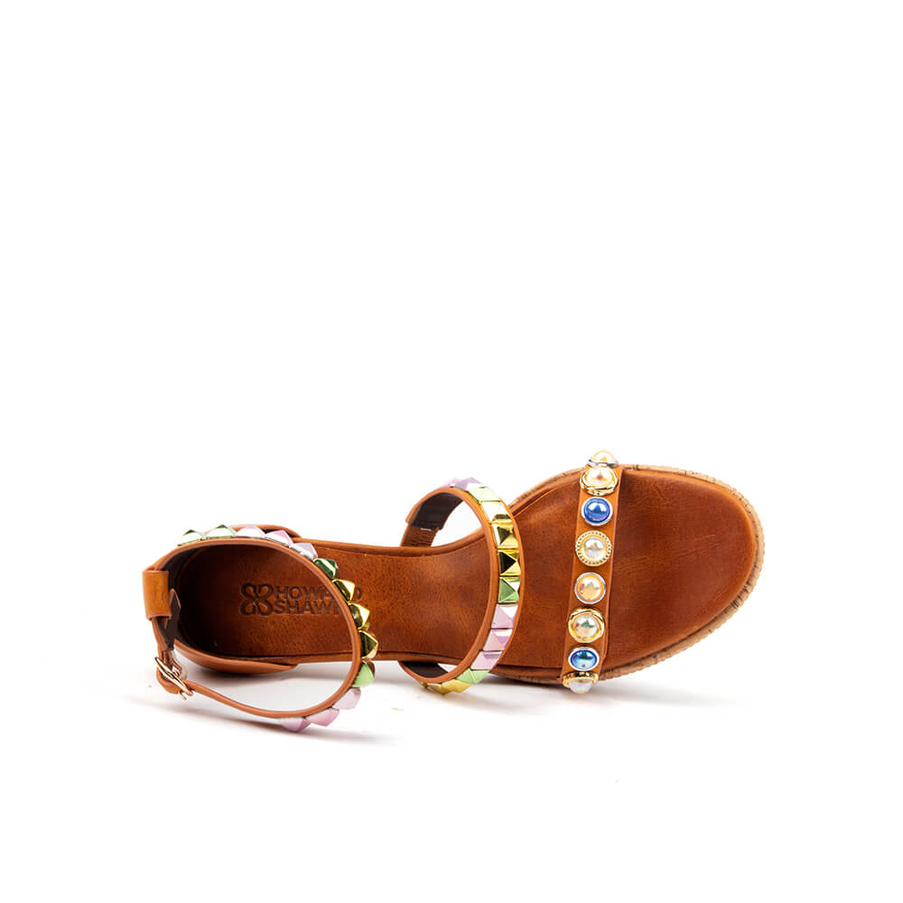 Open toe block heel sandals with gemstone encrusted vamp strap
