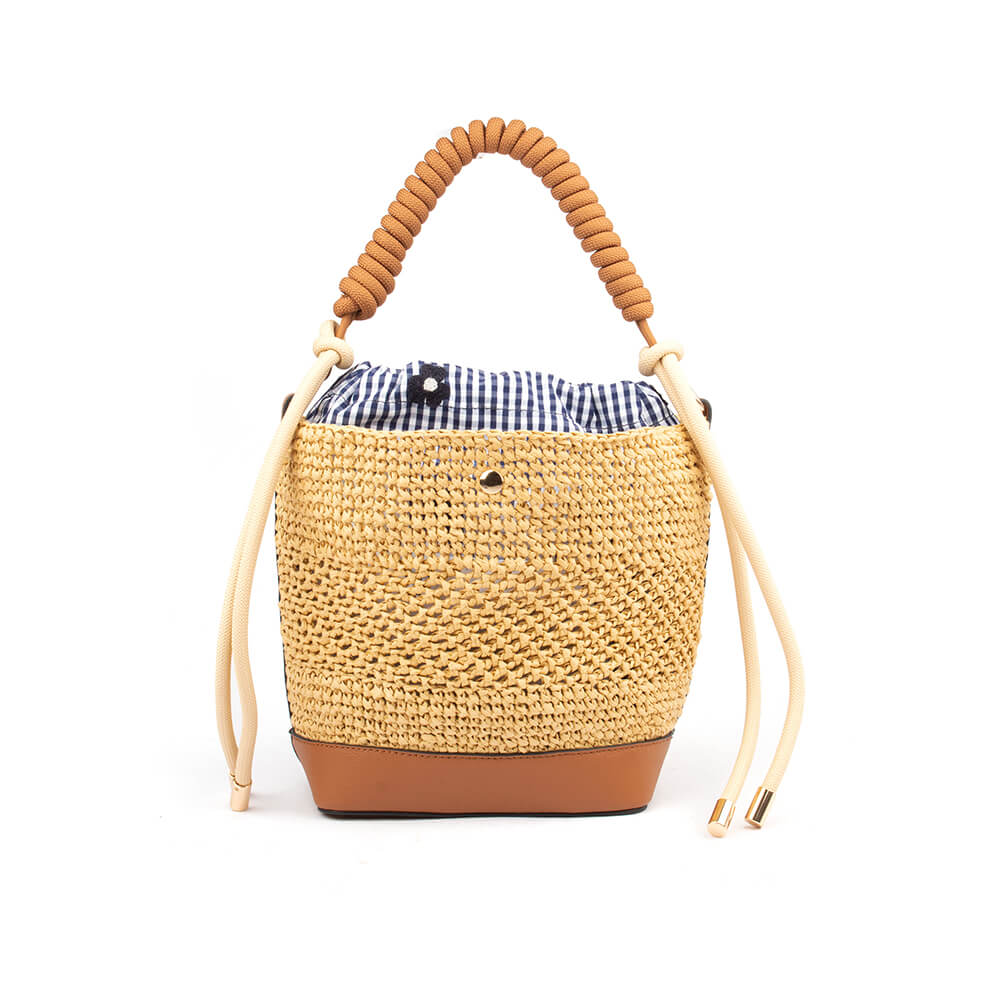 Boho woven straw bag with chunky rope handle and blue gingham lining