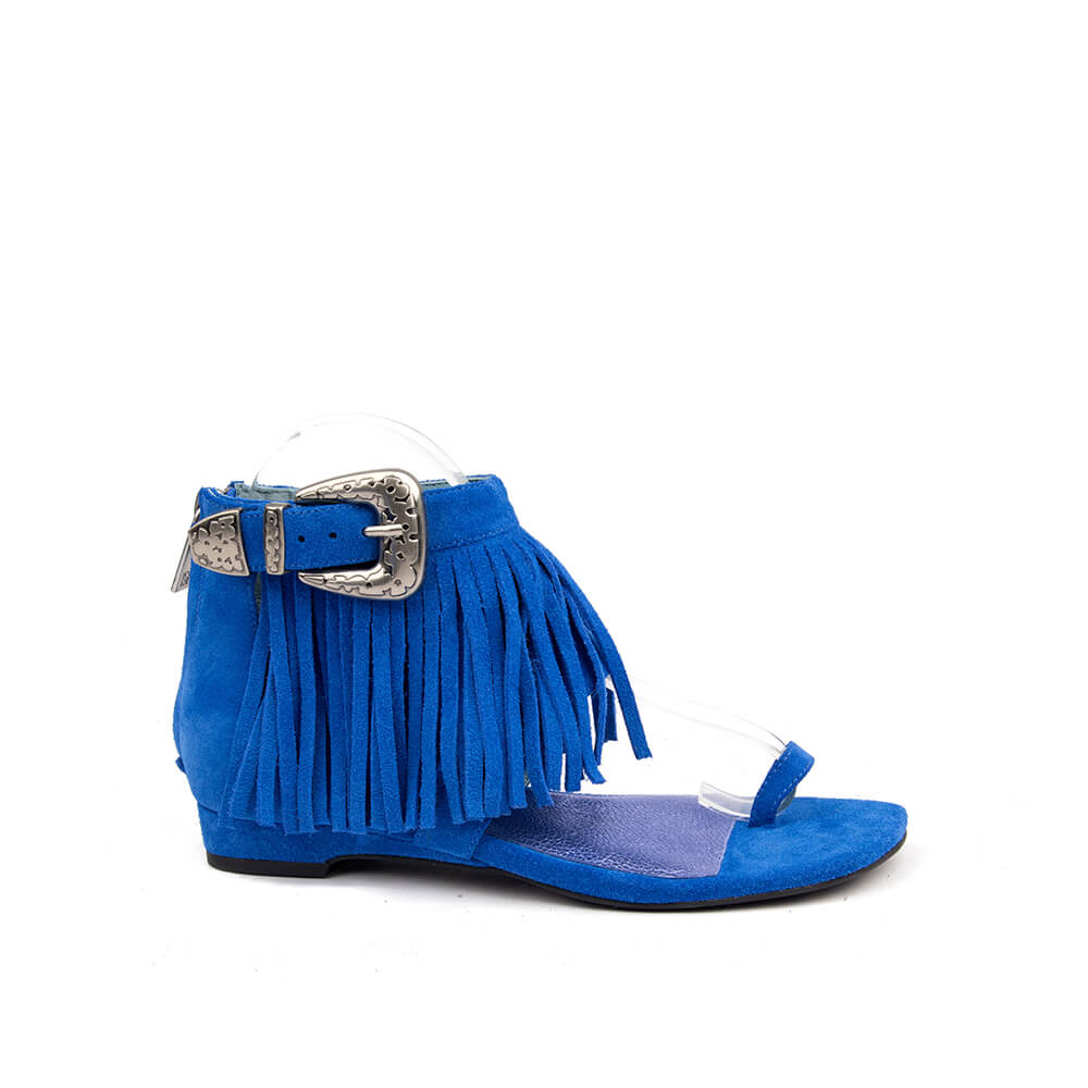 Electric blue tassel sandals with engraved silver concho buckle