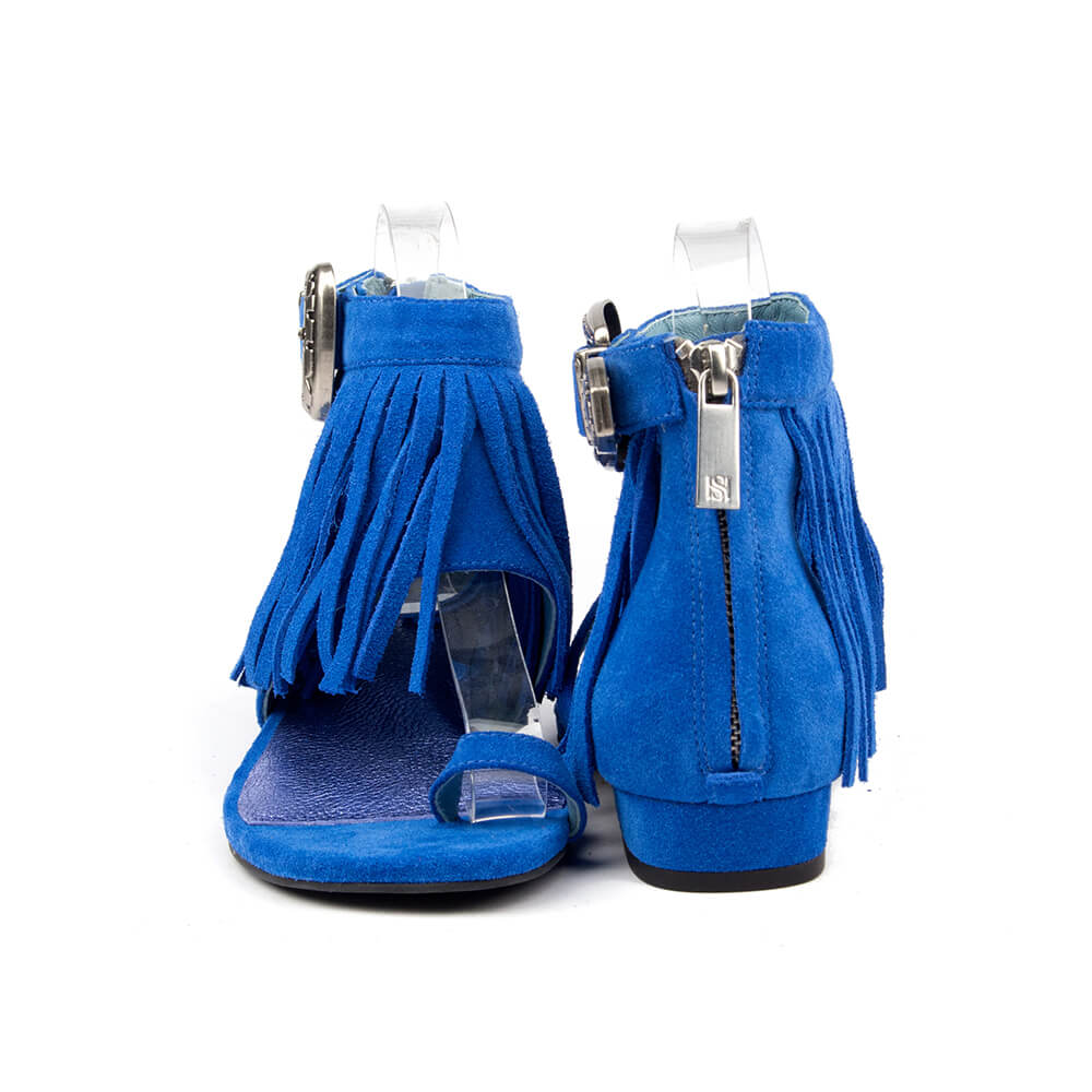 Boho flat sandals electric blue suede with dramatic fringe skirt
