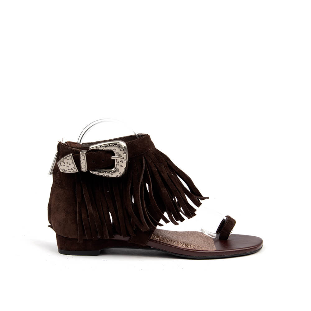 Women's chocolate brown suede fringe flat sandals western boho