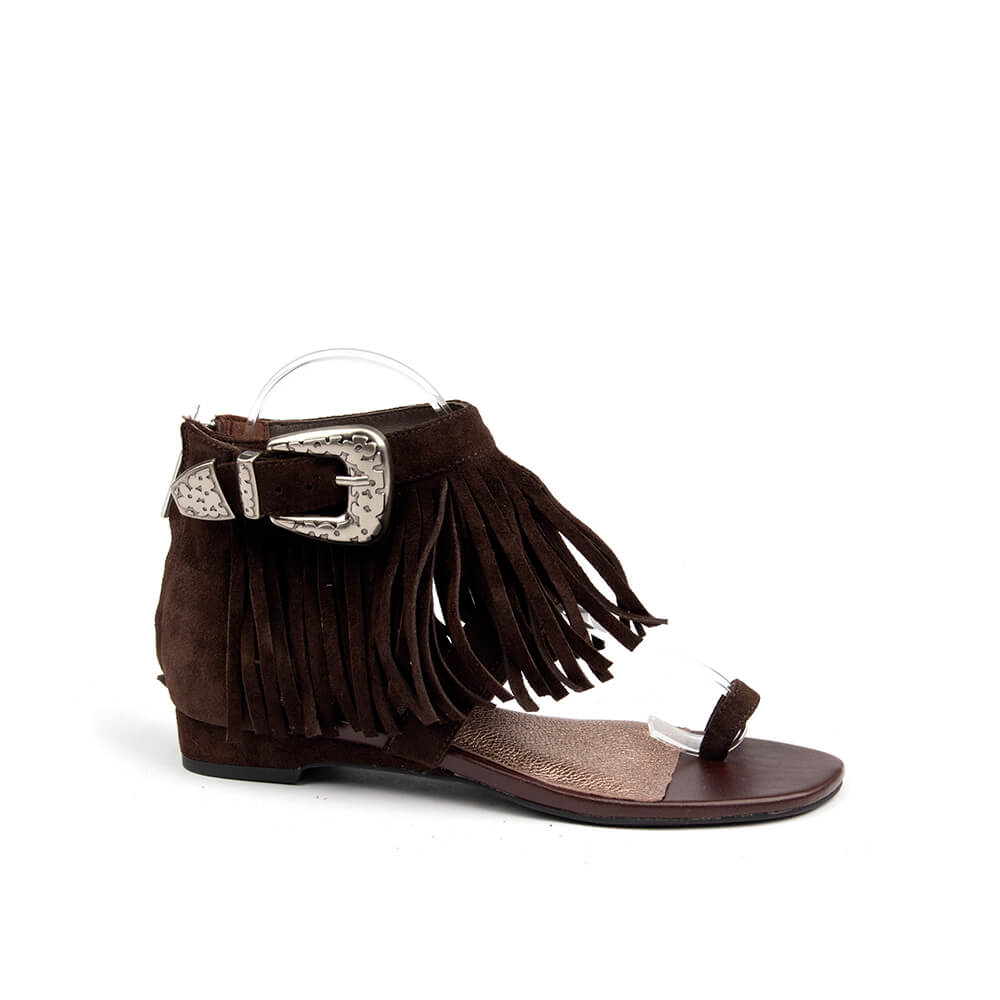 Dark brown tassel sandals with silver concho buckle and bronze strap