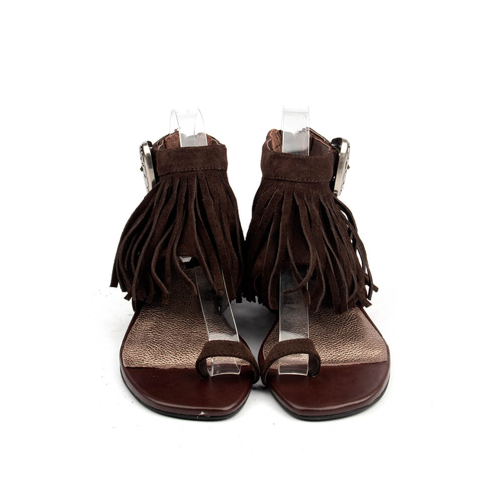 Brown suede full fringe ankle sandals open toe western style
