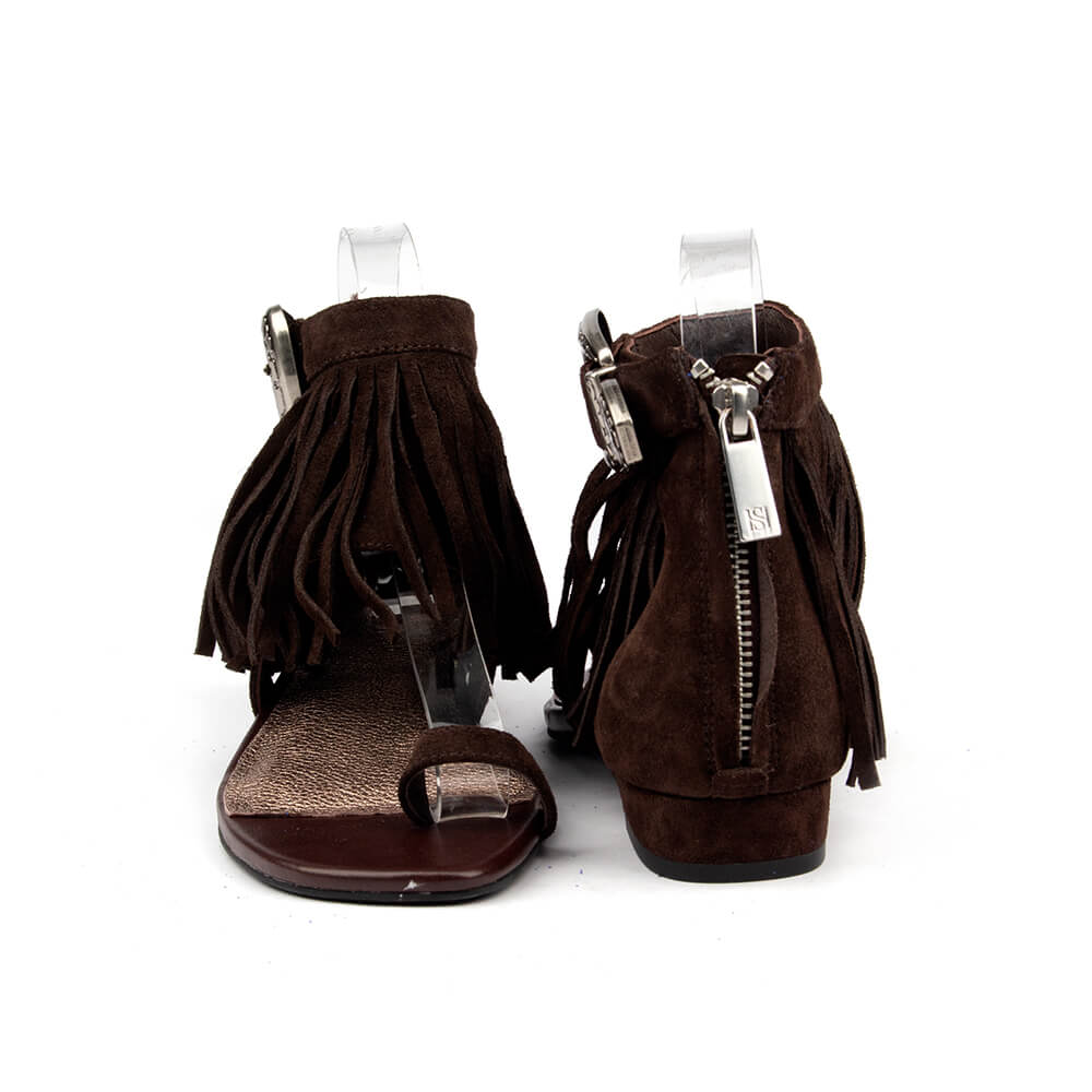 Boho flat sandals dark rodeo brown suede with dramatic fringe