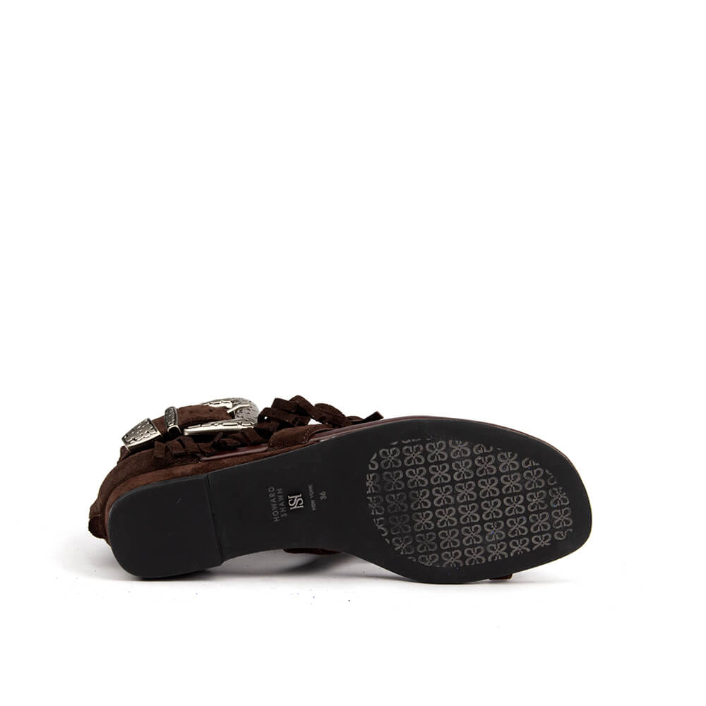 Women's festival sandals chocolate suede fringe concho buckle