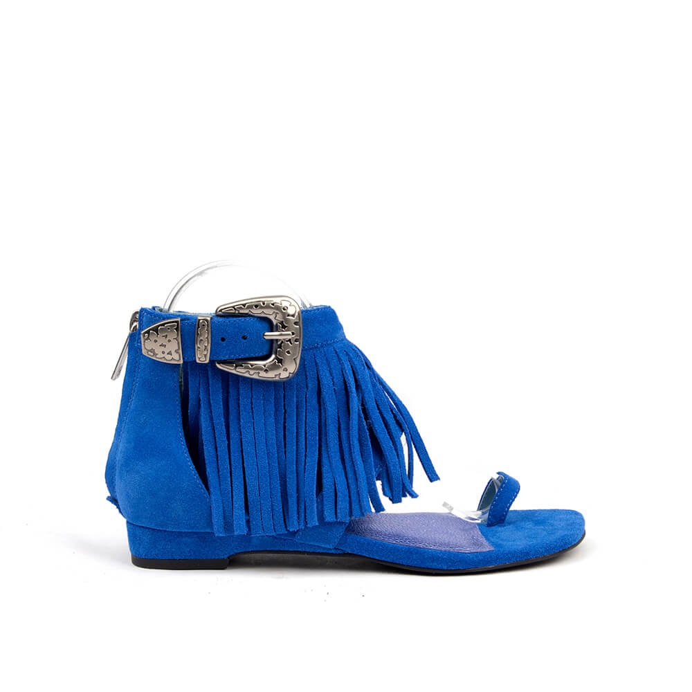 Women's cobalt blue suede fringe flat sandals western boho style