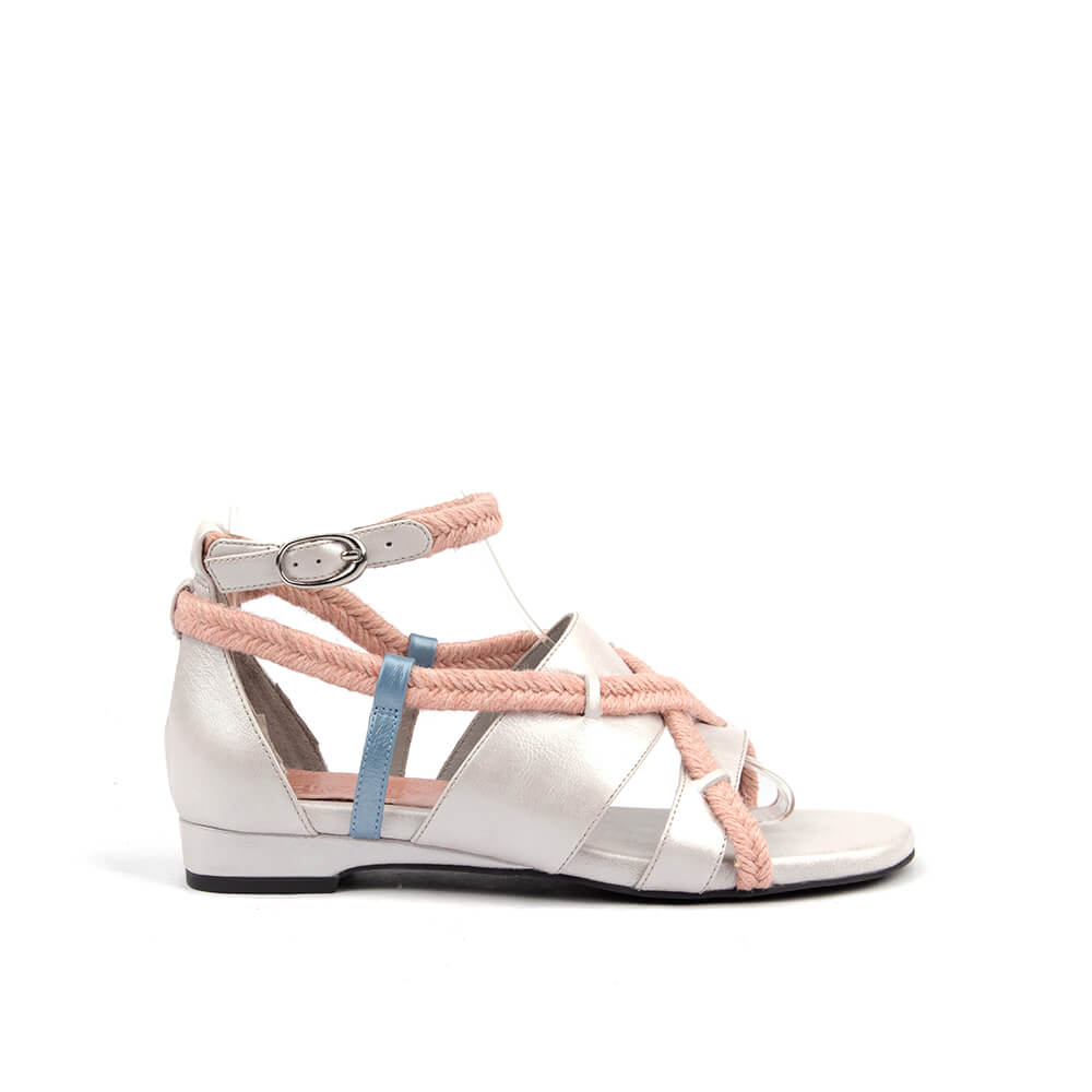 Women's braided rope strappy flat sandals metallic silver blush pink