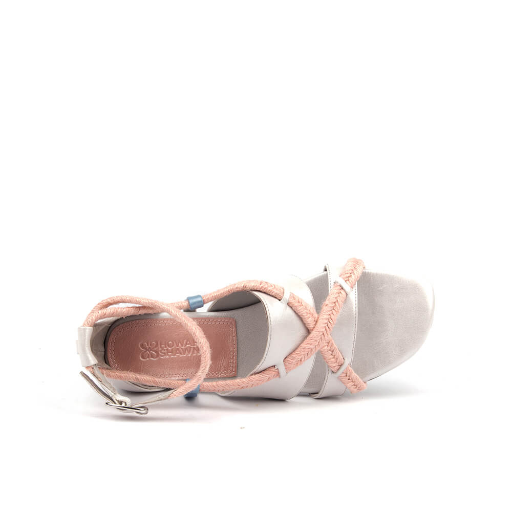 Pastel color block flat sandals silver blush blue braided rope straps