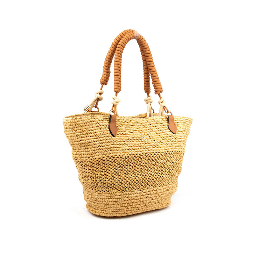 Women's large raffia crochet tote bag with chunky rope handles and gold hardware