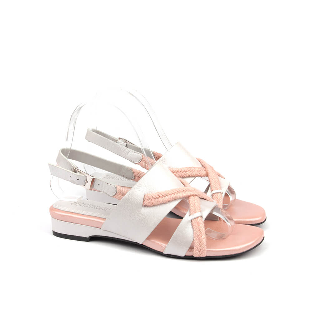 White slingback flat sandals with blush pink braided rope strap