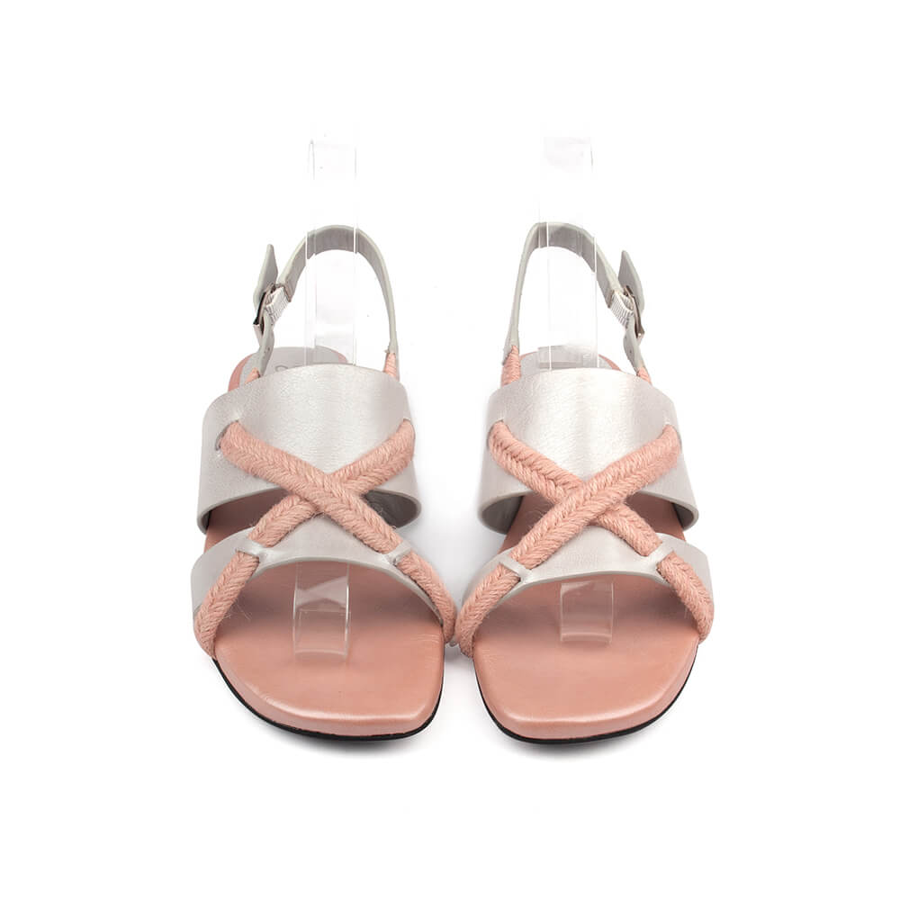 Crisp white leather cross-strap sandals pink braided accent women