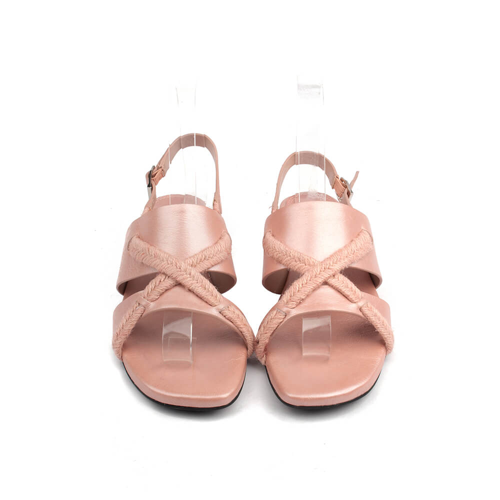 Soft pink cross-strap flat sandals with braided rope detail women